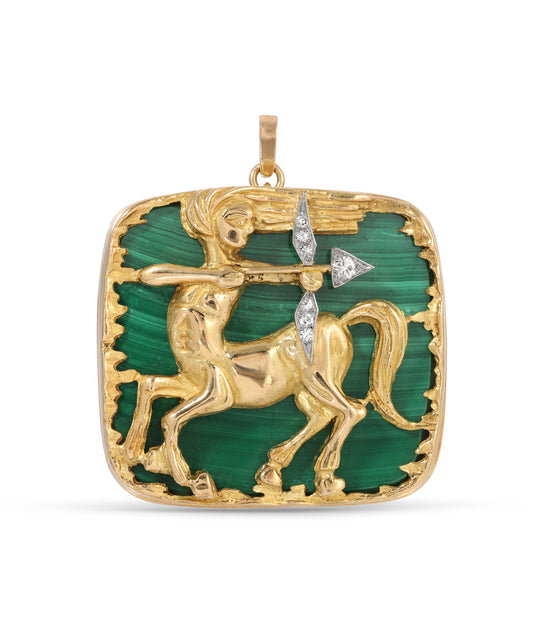 French Malachite and Diamond Sagittarius Pendant in 18k Gold
