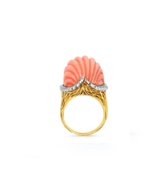 Fluted Angel Skin Coral Diamond Ring in 18K Gold