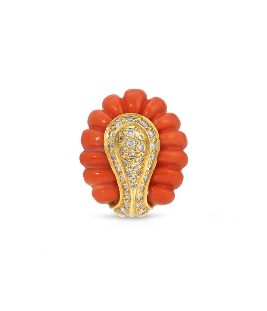 Fluted Coral & Diamond Ring in 18K Gold