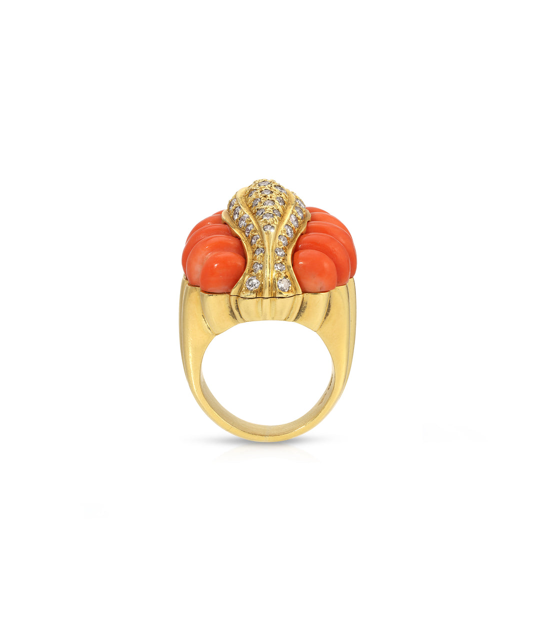 Fluted Coral & Diamond Ring in 18K Gold