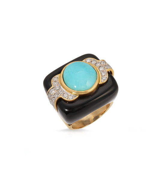 Onyx, Turquoise and Diamond Ring in 14K Gold