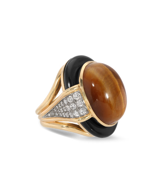 David Webb Tiger’s Eye, Onyx and Diamond Ring in 18k Gold and Platinum