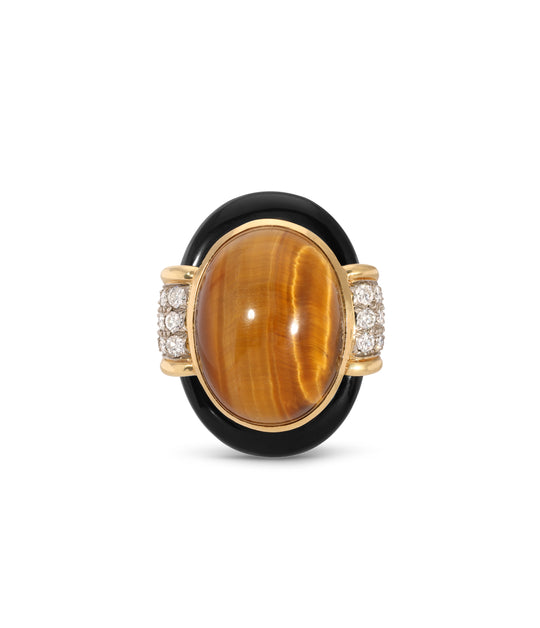 David Webb Tiger’s Eye, Onyx and Diamond Ring in 18k Gold and Platinum