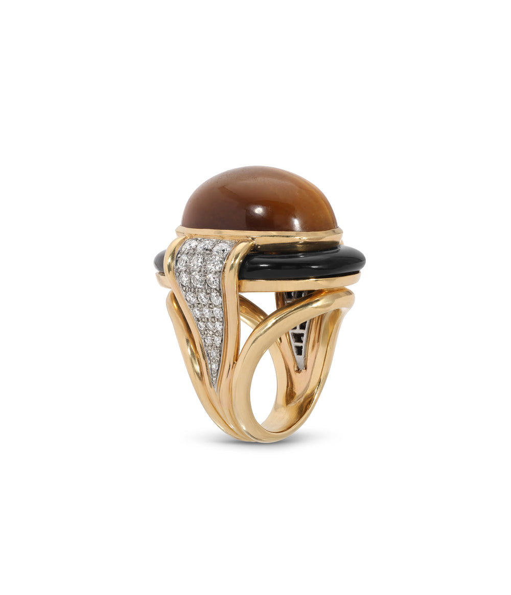 David Webb Tiger’s Eye, Onyx and Diamond Ring in 18k Gold and Platinum