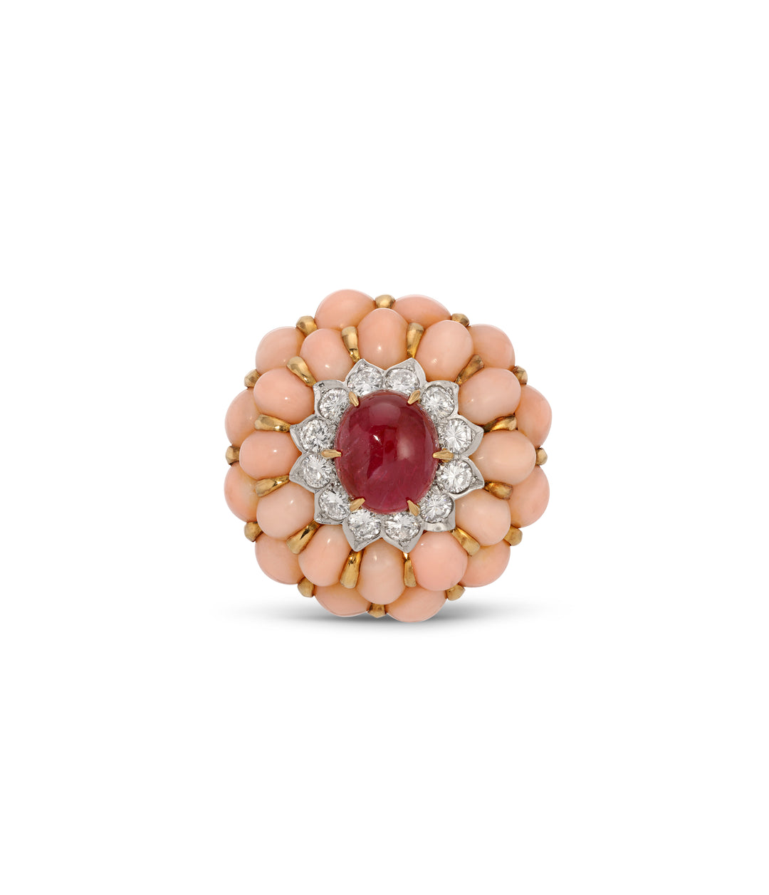 Coral, Ruby & Diamond Ring in 18k, Attributed to Cartier