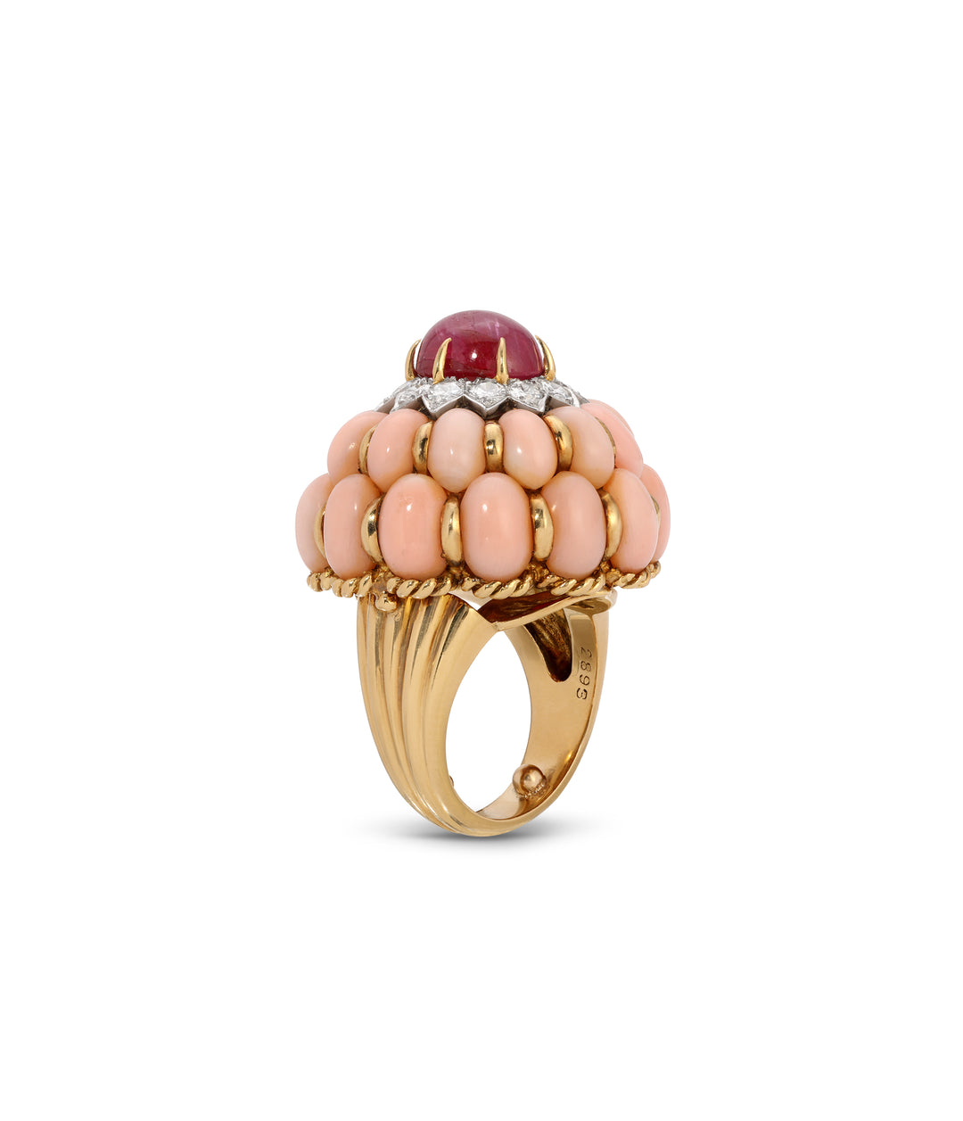 Coral, Ruby & Diamond Ring in 18k, Attributed to Cartier