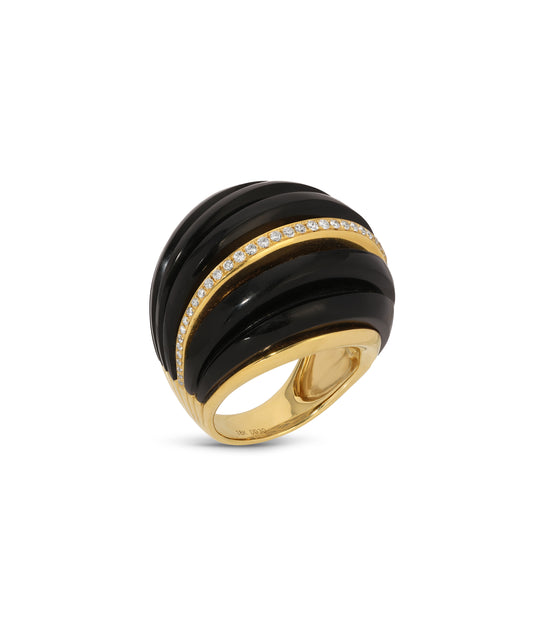 Fluted Onyx & Diamond Dome Ring in 14k Gold