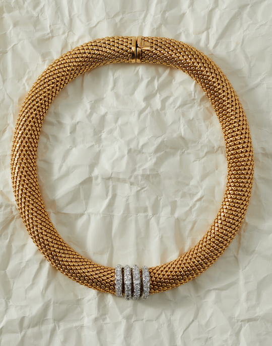 French Retro Collier Necklace in 18K Gold with Diamond Pendant in Platinum