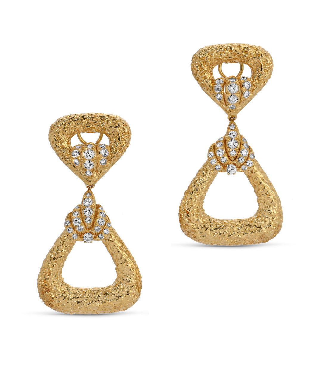 Hammerman Triangular Pendant Earrings with Diamonds in Textured 18K Gold