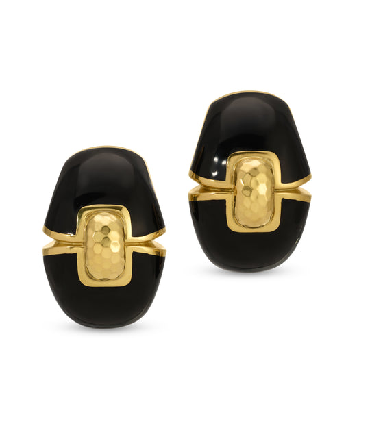 David Webb Black Enamel Ear Clips in 18k Gold