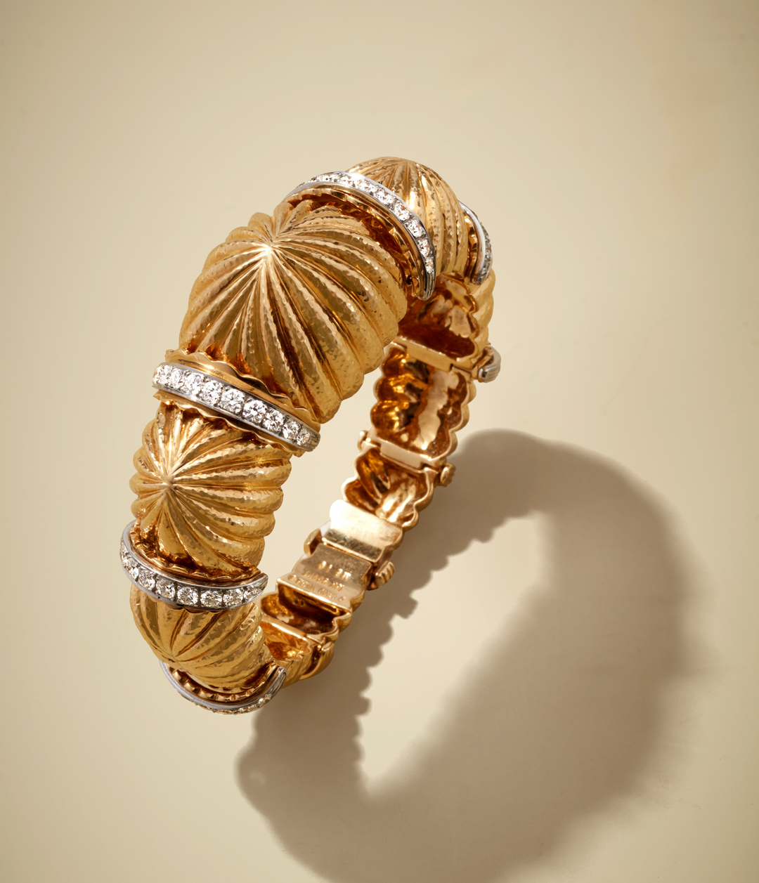 David Webb Diamond Bangle Bracelet in Fluted 18k Gold & Platinum