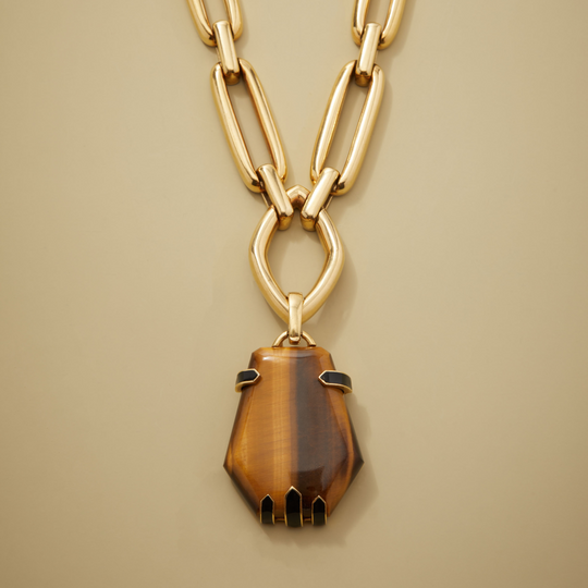 David Webb Tiger's Eye Satoire Pendant Necklace in 18k Gold & Platinum