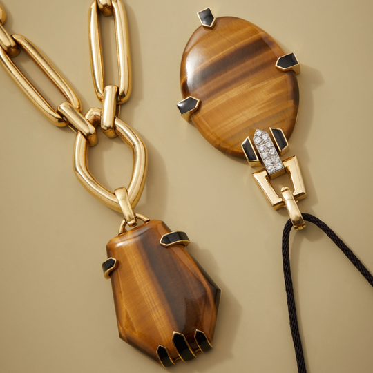 David Webb Tiger's Eye Satoire Pendant Necklace in 18k Gold & Platinum