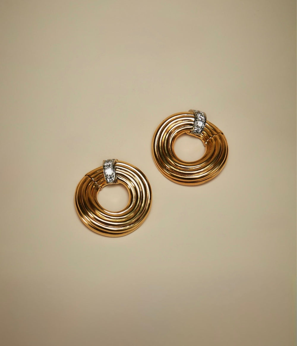 David Webb Diamond Circle Ear Clips in 18k Gold and Platinum