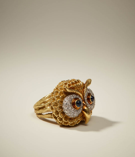 Sapphire & Diamond Owl Ring in 18K Gold