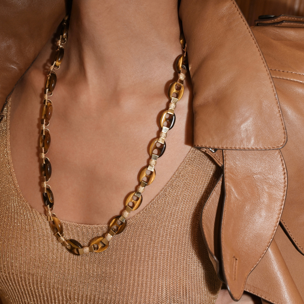 Tiger's Eye Mariner Link Chain Necklace in 14k Gold