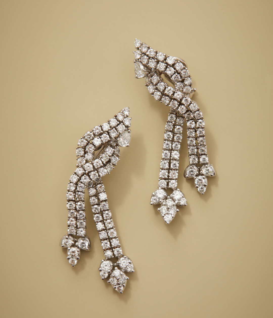 French Mid-Century Diamond Twisted Ribbon Earrings in 14k White Gold