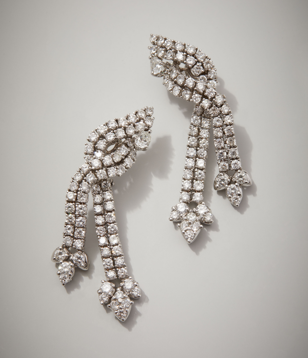 French Mid-Century Diamond Twisted Ribbon Earrings in 14k White Gold