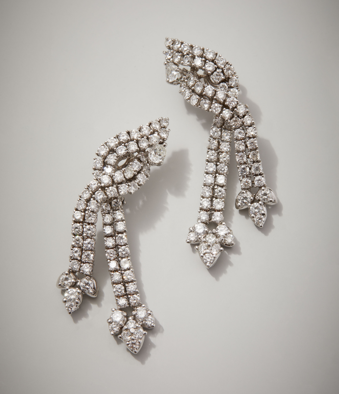 French Mid-Century Diamond Twisted Ribbon Earrings in 14k White Gold