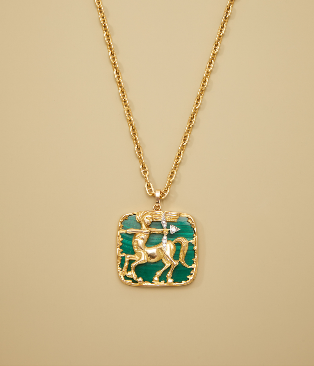 French Malachite and Diamond Sagittarius Pendant in 18k Gold