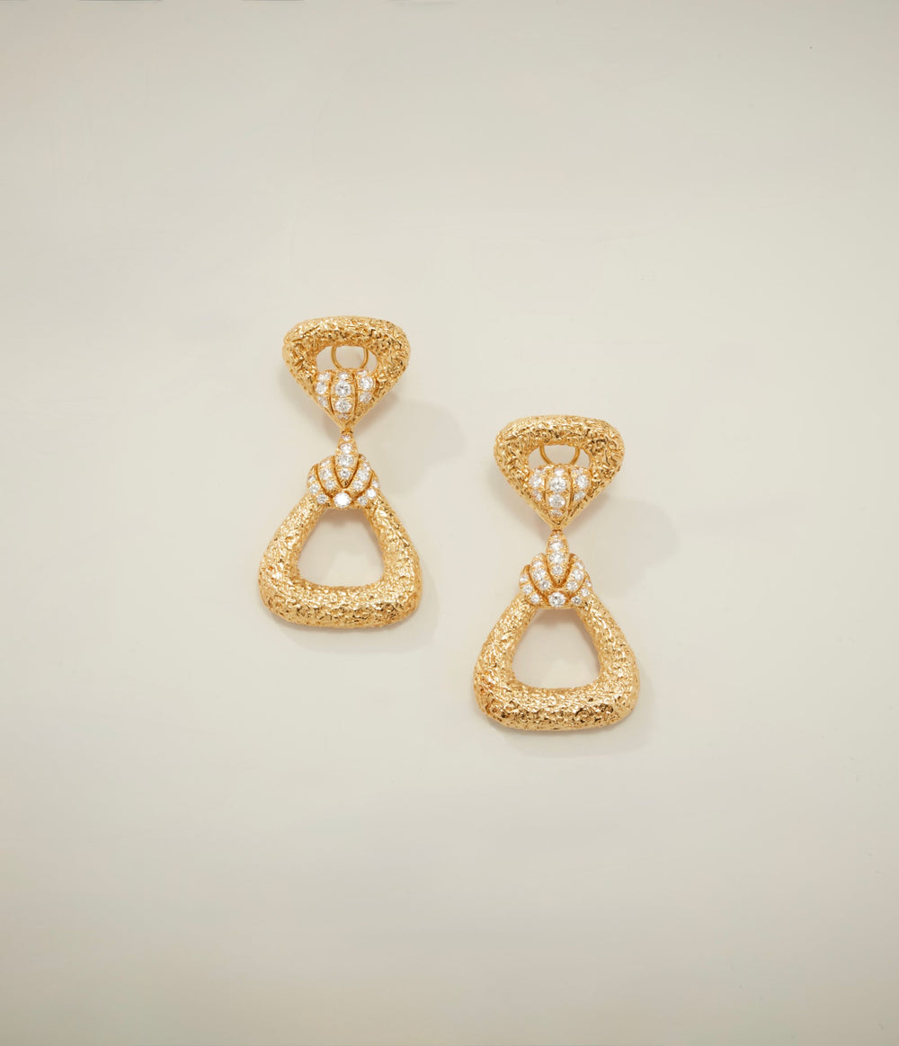 Hammerman Triangular Pendant Earrings with Diamonds in Textured 18K Gold