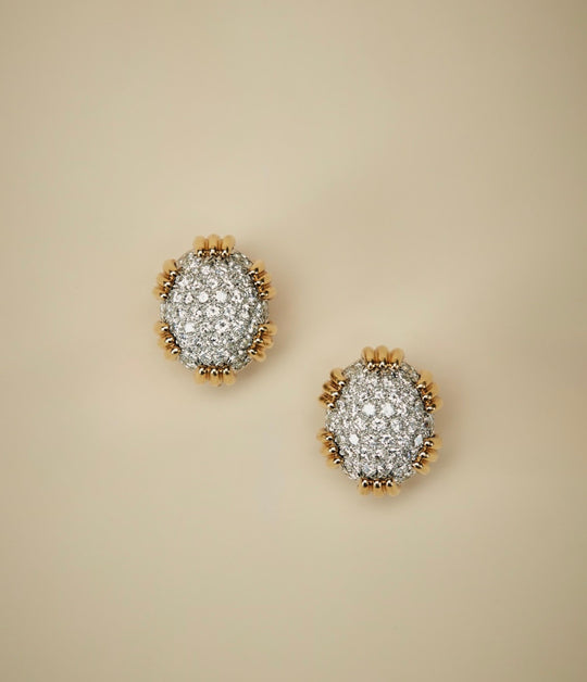 David Webb Diamond Bombe Ear Clips in Platinum and 18K Gold