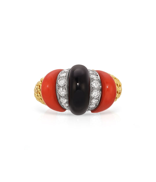 Coral, Black Onyx & Diamond Bombé Ring in 18K Gold